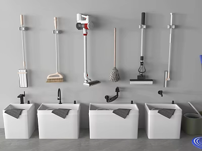 Wall Mounted Cleaning Tools Organizer With Modern Mop Buckets And Accessories Setup 3d model
