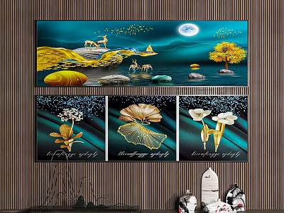 Elegant Wall Art Set With Deer Moon Tree And Golden Floral Paintings 3d model