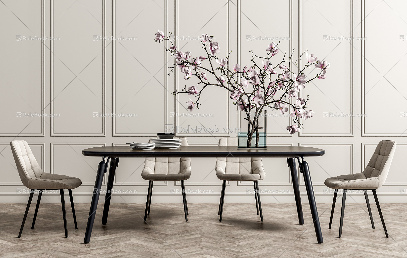 Modern Dining Table and Chair Combination Dining Table and Chair Floral Decoration Combination 3d model