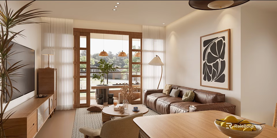 Warm Living And Dining Room With Leather Sofa Wooden Dining Table Decorative Painting And Natural Light 3d model 