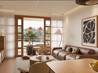 Warm Living And Dining Room With Leather Sofa Wooden Dining Table Decorative Painting And Natural Light 3d model