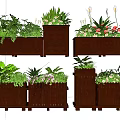 Decorative Wooden Planters Filled With Colorful Flowers And Lush Green Plants
