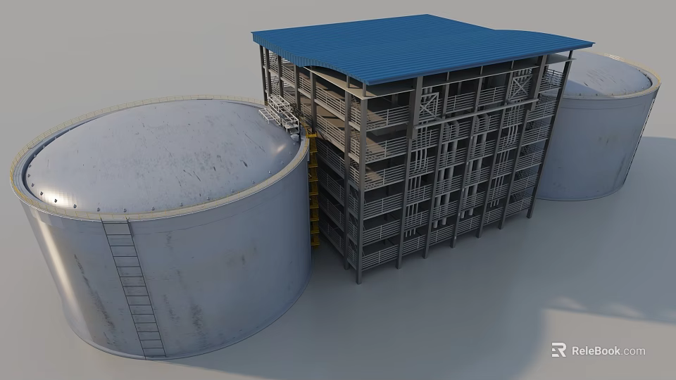 Industrial Factory Building with Blue Roof Multi Storey Steel Structure and Large Storage Tanks 3d model 