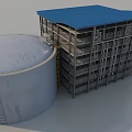 Industrial Factory Building with Blue Roof Multi Storey Steel Structure and Large Storage Tanks