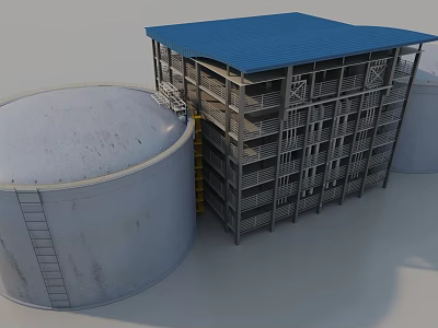Industrial Factory Building with Blue Roof Multi Storey Steel Structure and Large Storage Tanks 3d model