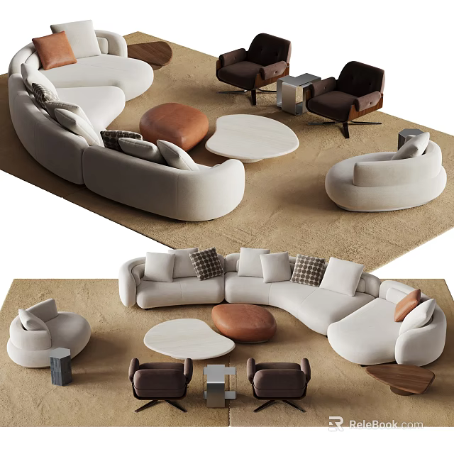 Modern Modular Sofa And Coffee Table Set With Neutral Tones And Round Design 3d model