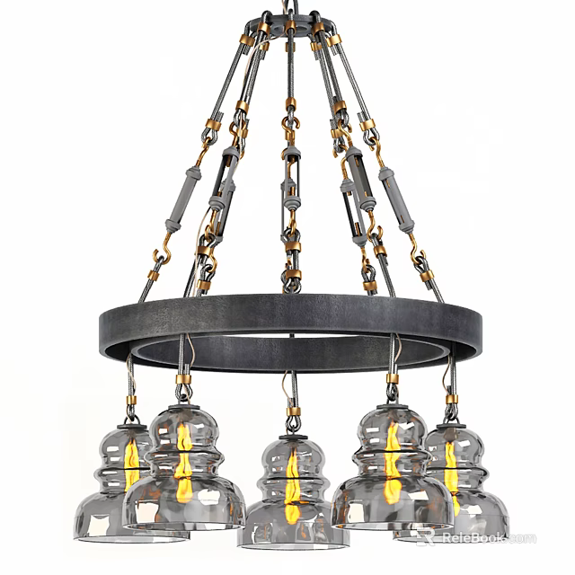 Industrial Style Chandelier With Black Metal Frame Circular Design And Transparent Glass Bulbs Featuring Yellow Filaments 3d model 