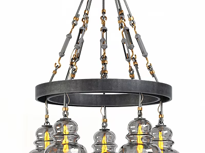 Industrial Style Chandelier With Black Metal Frame Circular Design And Transparent Glass Bulbs Featuring Yellow Filaments 3d model