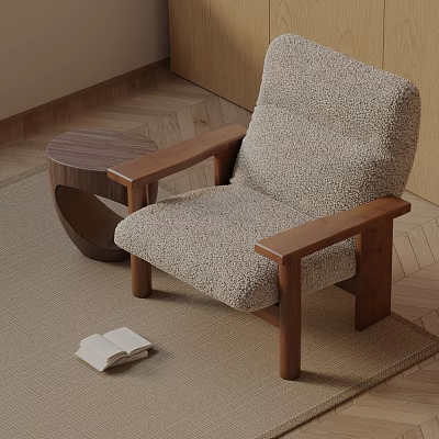 Cozy Lounge Chair With Wooden Frame Plush Fabric Side Table And Open Book On Carpet 3d model