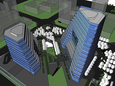 Two Modern Tall Office Buildings With Glass Curtain Walls And Green Surroundings 3d model
