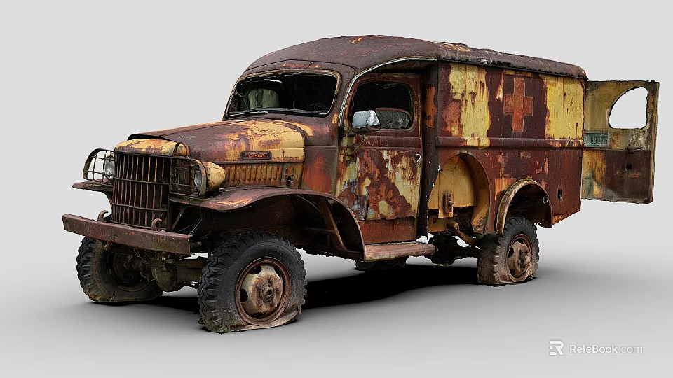 Vintage Rusty Functional Ambulance With Red Cross Exterior Body Design 3d model 