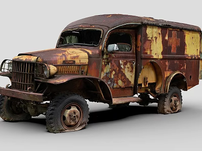 Vintage Rusty Functional Ambulance With Red Cross Exterior Body Design 3d model