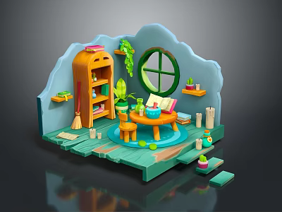 Cartoon Scene With Orange Bookshelf Green Plants Round Window Wooden Table Blue Rug And Steps 3d model