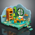 Cartoon Scene With Orange Bookshelf Green Plants Round Window Wooden Table Blue Rug And Steps
