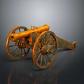 Vintage Military Cannon Weapon With Large Wooden Wheels And Rustic Metal Finish