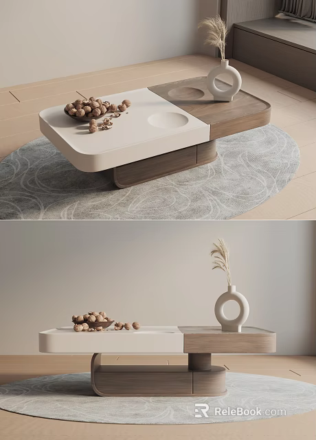 Modern Coffee Table Design With White Tabletop Wooden Base And Decorative Nuts 3d model