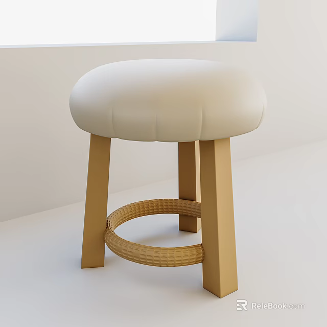 Modern Minimalist Stool With White Padded Seat Wooden Legs And Rattan Ring Design For Home Decor 3d model 