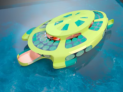 Cartoon Scene With Yellow Flying Craft Featuring Green Circular Patterns And Blue Water 3d model