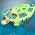Cartoon Scene With Yellow Flying Craft Featuring Green Circular Patterns And Blue Water