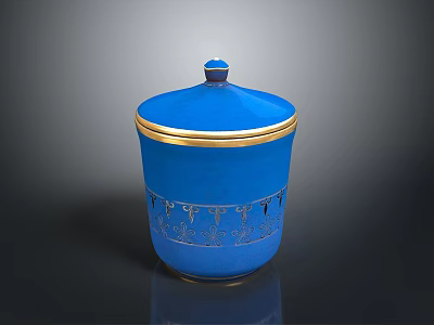 Blue Storage Jar With Gold Rim And Decorative Patterns For Home Use 3d model