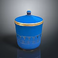 Blue Storage Jar With Gold Rim And Decorative Patterns For Home Use