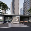 Modern Entrance Gate with Glass Structure Canopy Surrounded by Tall Buildings and Trees Fronting Driveway