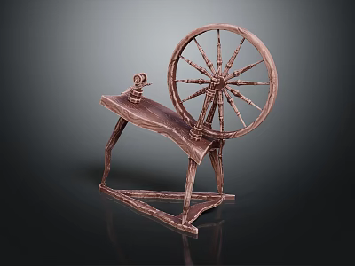 Antique Copper Spinning Wheel With Wooden Frame And Traditional Textile Equipment 3d model