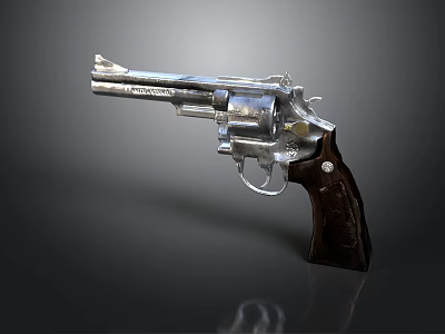 Silver Metal Revolver With Polished Finish And Classic Wooden Grip Design 3d model