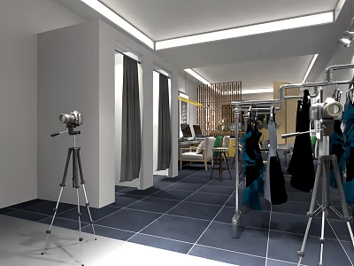 Indoor Photography Studio Space With Camera Tripod Clothing Racks And Hanging Clothes 3d model