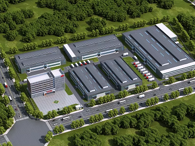 Modern Industrial Factory Complex With Multiple Buildings Green Areas Parking And Trees 3d model