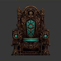 Ornate Dark Frame Chair With Green Cushioned Seat Glass Panel Backrest And Circular Armrest Accents