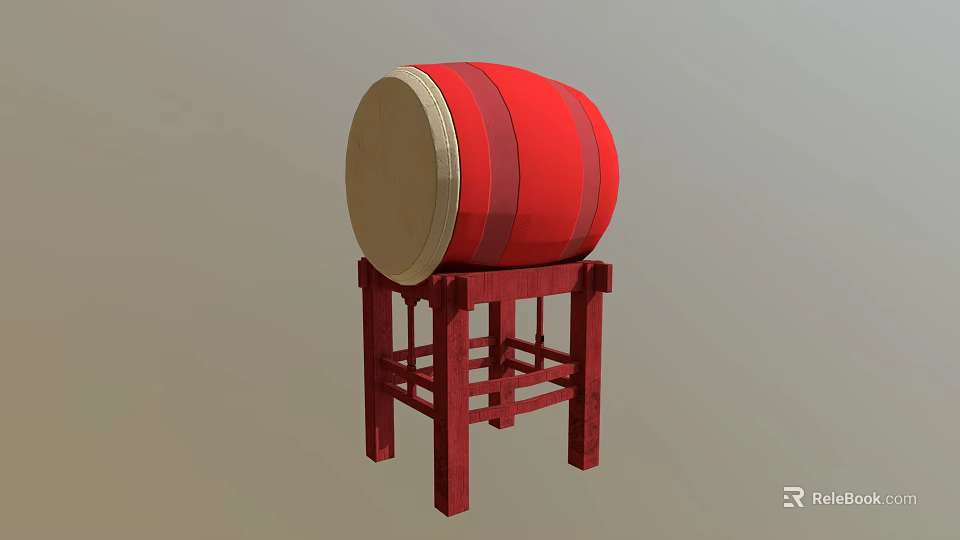 Traditional Red Drum Musical Instrument With Light Colored Head And Red Wooden Stand 3d model 