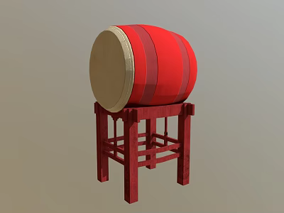 Traditional Red Drum Musical Instrument With Light Colored Head And Red Wooden Stand 3d model