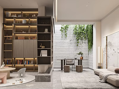 Modern Basement Interior With Illuminated Bookshelves Greenery Dining Table And Sofa 3d model