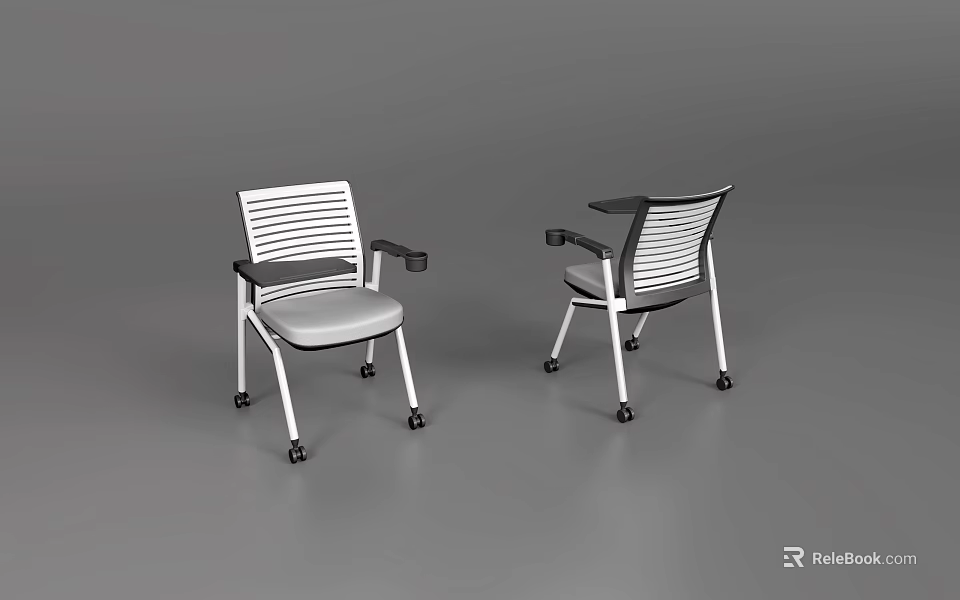 Two Modern Office Chairs With White Striped Backrest Black Armrests And Wheels 3d model 
