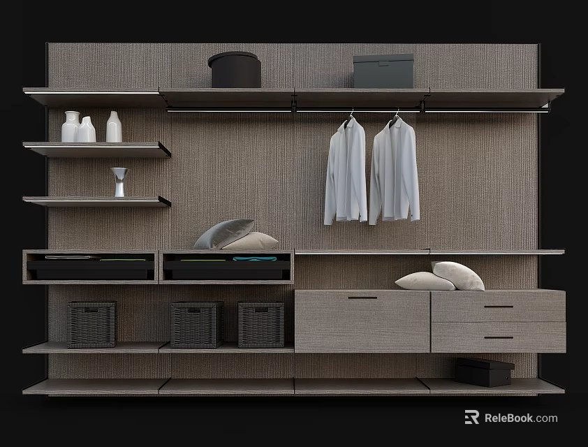Modern Wardrobe Design With Shelves Hanging Shirts Storage Boxes And Accessories 3d model 