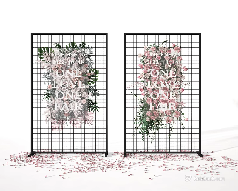 Stunning Floral Display on Black Grid Screens with Pink Green Blooms and Scattered Petals 3d model 