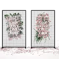 Stunning Floral Display on Black Grid Screens with Pink Green Blooms and Scattered Petals