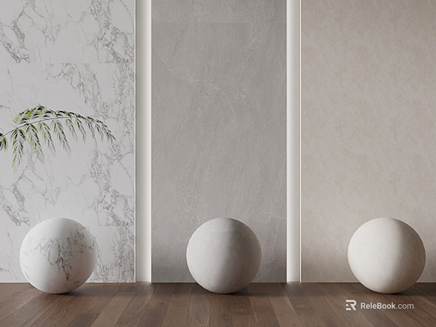 Background Wall With Marble Gray Beige Panels Three White Spheres Wooden Floor And Green Leaves 3d model 