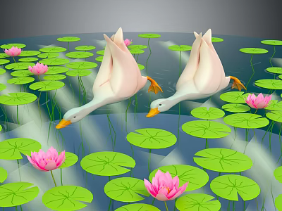 Two White Geese Swimming on Water Surface with Green Lily Pads and Pink Lotus Flowers 3d model