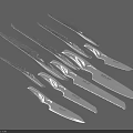 Silver Kitchen Knives With Various Sizes And Shapes Arranged On Gray Background 3d model