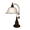 Vintage Table Lamp With White Glass Shade And Brass Metal Arm Wooden Base
