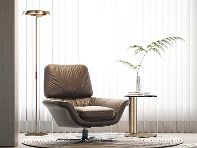 Brown Leather Leisure Chair with Floor Lamp Side Table Green Plant Blinds in Modern Room 3d model
