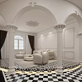 Classic Hallway Interior With Checkered Floor And Sofa