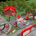 Red Themed Public Square With Star Decorations Canopy Structures And Green Trees 3d model
