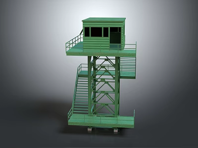 Green Metal Observation Tower With Stairs And Elevated Platform Structure 3d model
