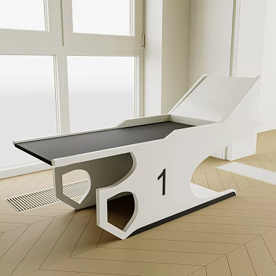 White Sports Training Equipment Table With Black Top And Number 1 In Bright Room With Window 3d model