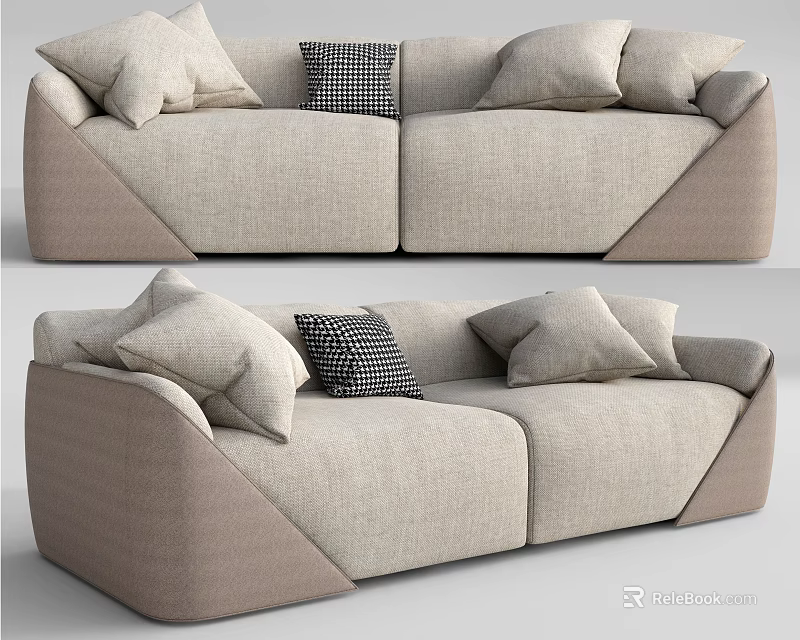 Modern Light Beige Fabric Two Seater Sofa With Multiple Plush Pillows And Checkered Accent 3d model 