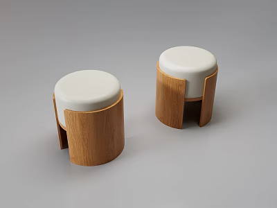 Two Modern Wooden Stools With White Round Seats And Curved Frame Design 3d model