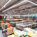 Well Lit Modern Supermarket Interior With Fresh Fruits And Organized Product Shelves